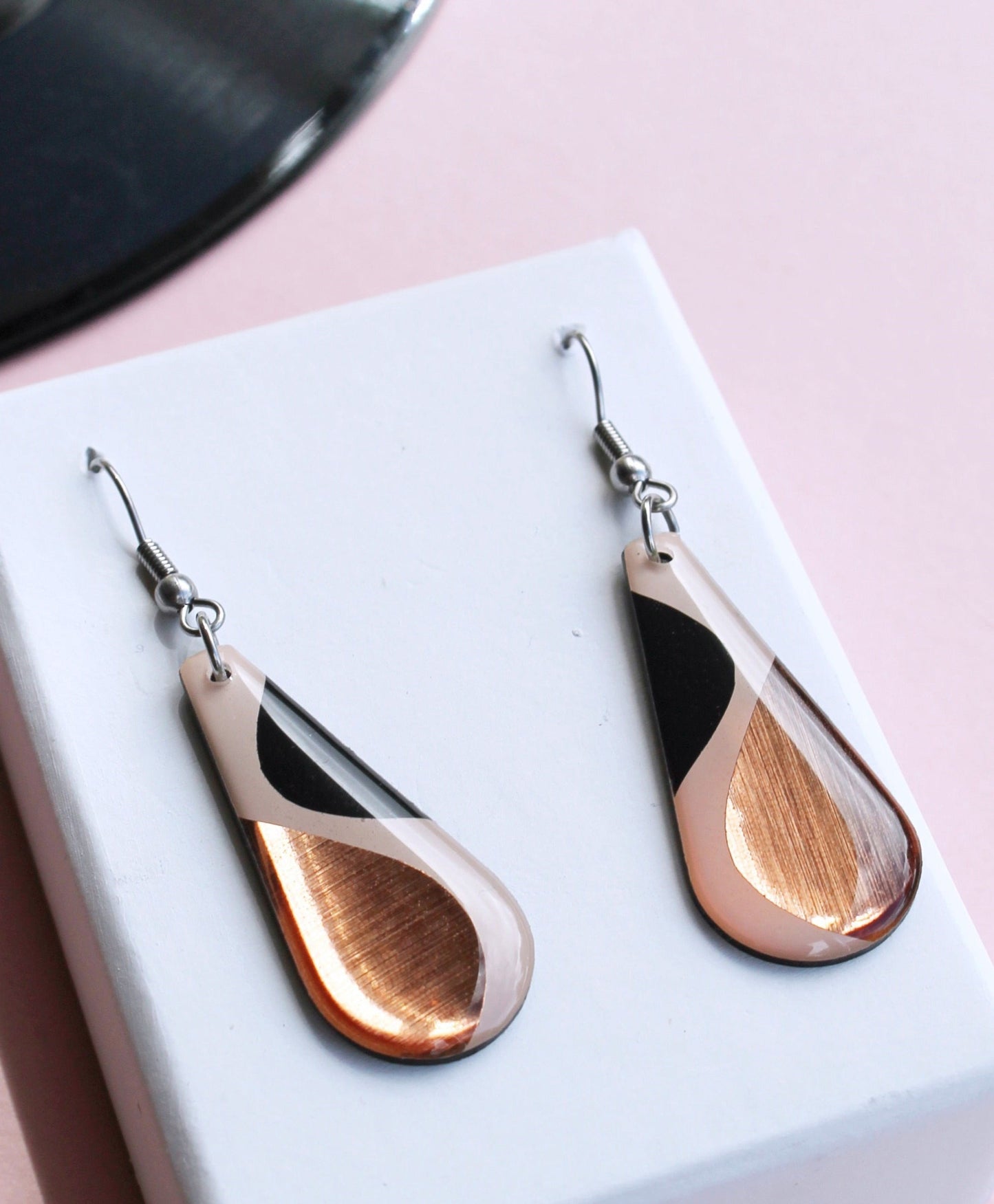 abstract casual chic long teardrop earrings / recycled vinyl earrings