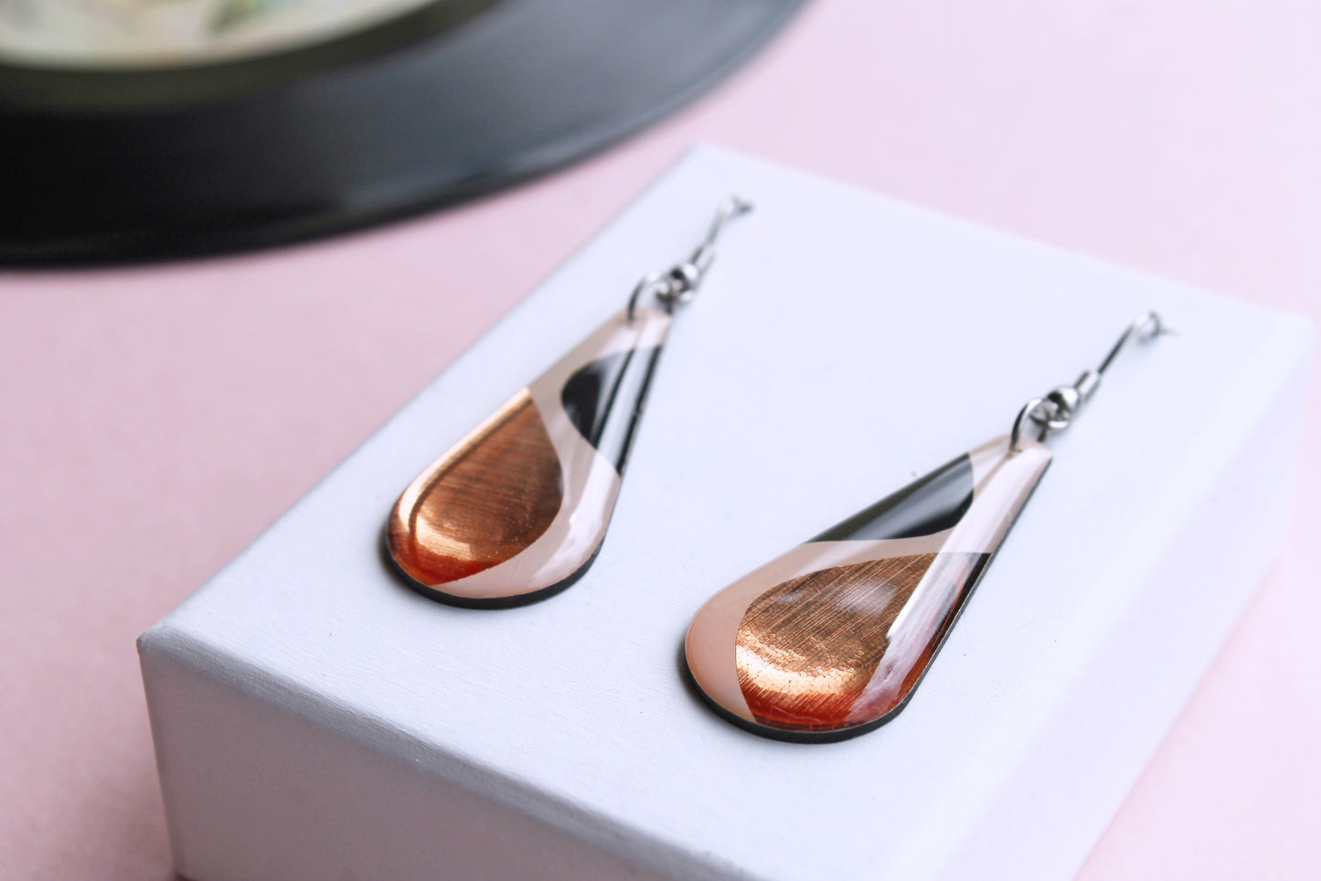 abstract casual chic long teardrop earrings / recycled vinyl earrings