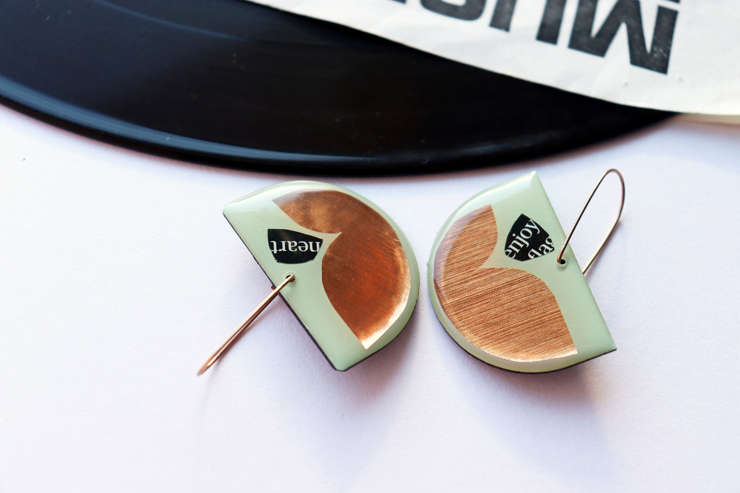 30% OFF Modern upcycled record earrings in mint green and warm copper - one of a kind