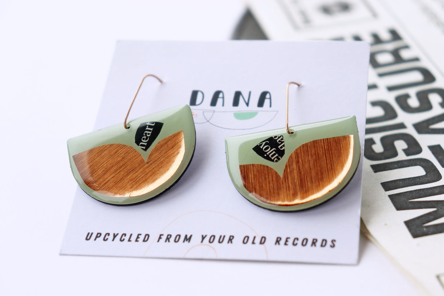 30% OFF Modern upcycled record earrings in mint green and warm copper - one of a kind
