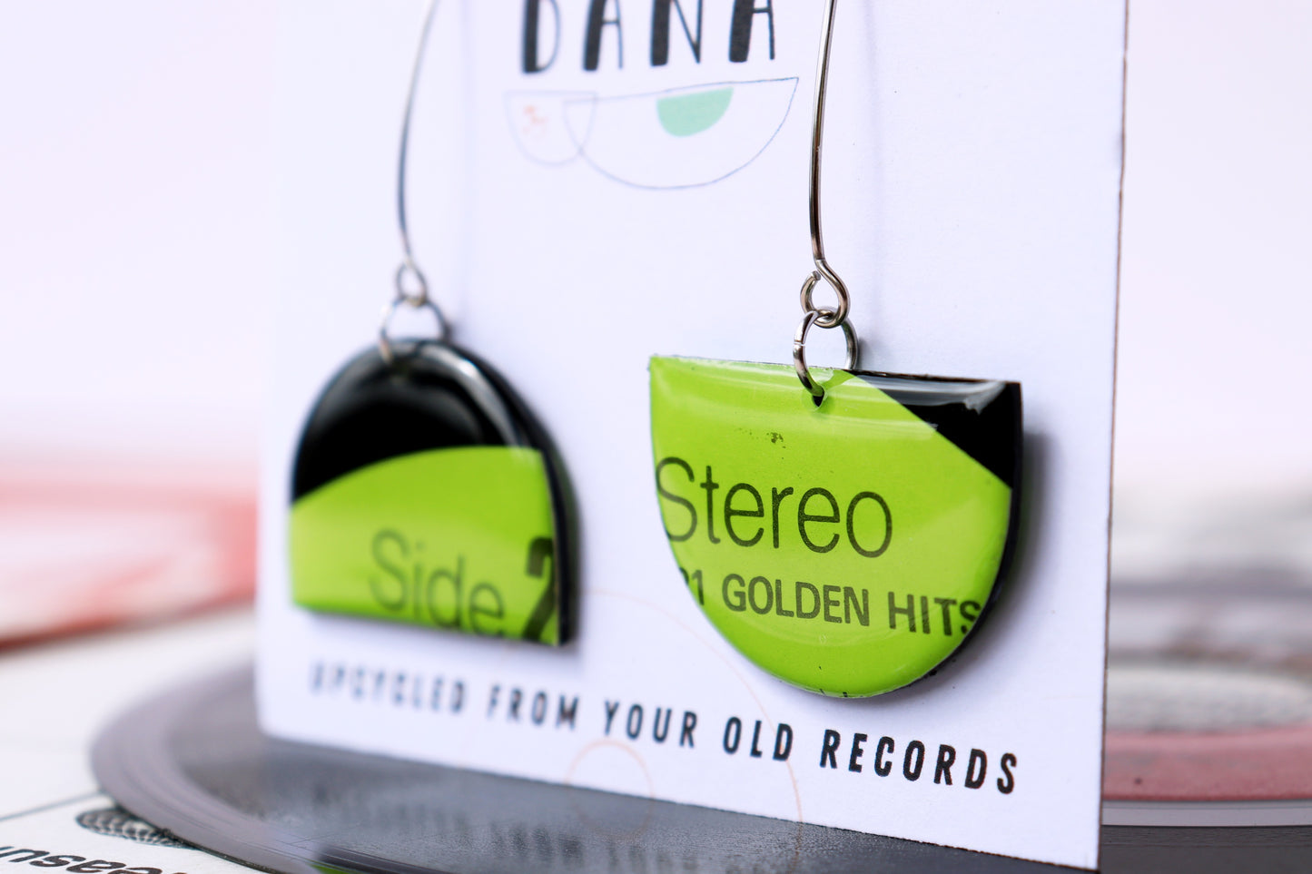 SIDE 2 STEREO / bold upcycled vinyl record earrings in lush lime green / Paul Anka