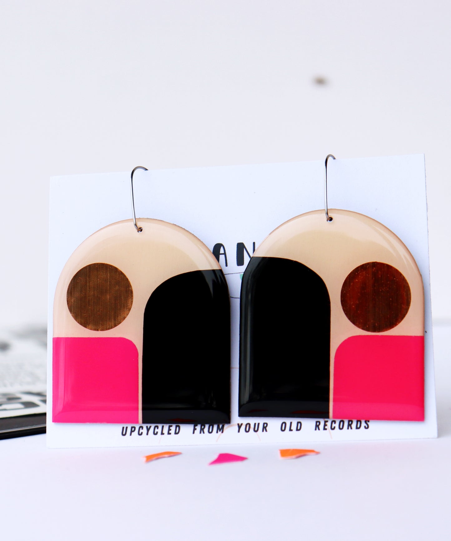 LAST PAIR large statement graphic upcycled earrings in pink, black and copper