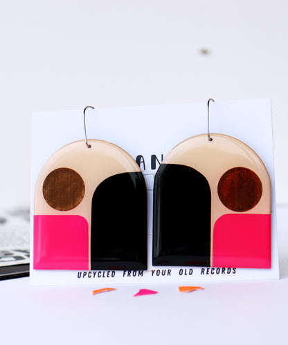 LAST PAIR large statement graphic upcycled earrings in pink, black and copper