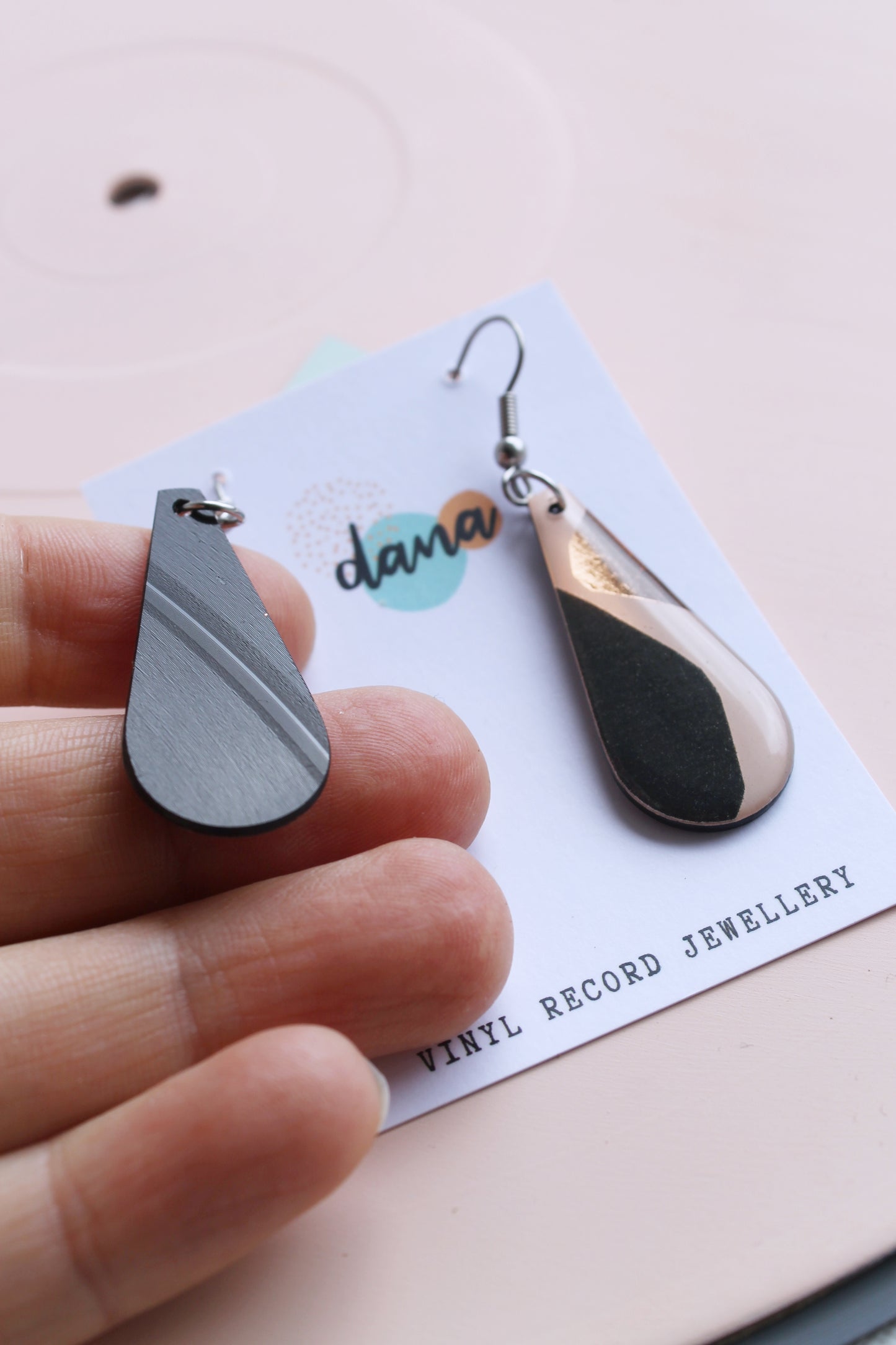 abstract casual chic long teardrop earrings / recycled vinyl earrings