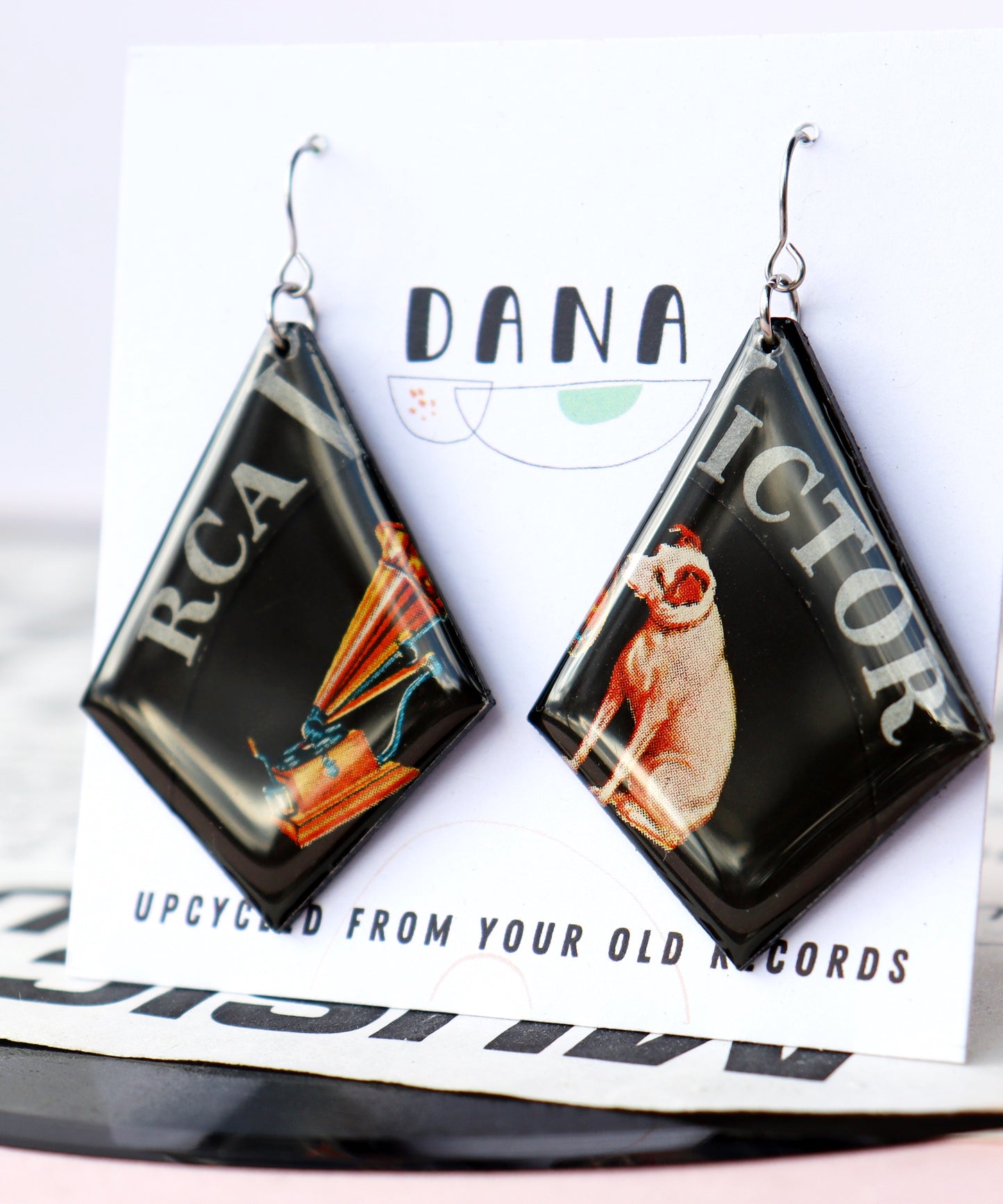 NIPPER the RCA dog is in the house! / one of a kind upcycled vinyl earrings