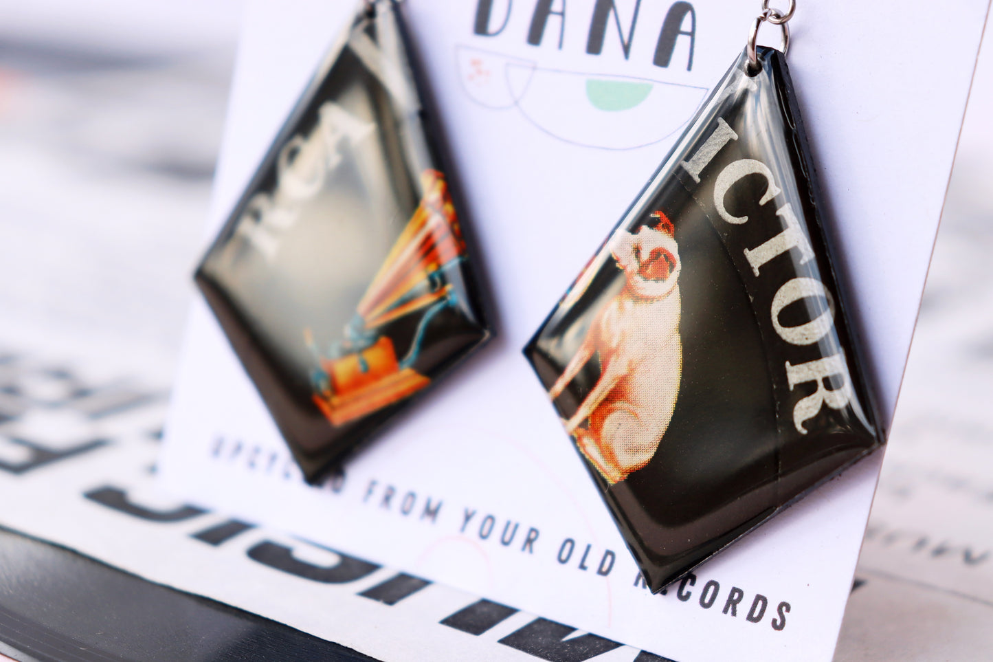 NIPPER the RCA dog is in the house! / one of a kind upcycled vinyl earrings