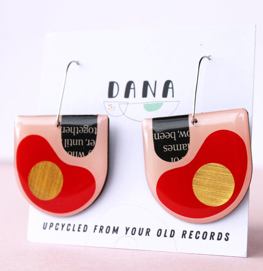 30% OFF quirky and flowy in vibrant red & gold / upcycled vinyl record art earrings/ please read description