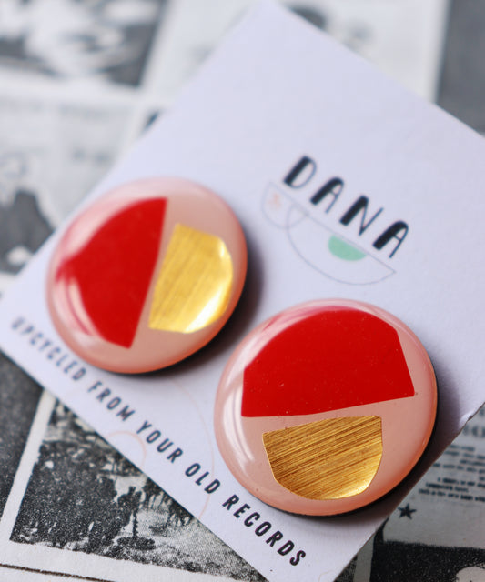 50% off large upcycled record studs In gold and vibrant red / upcycled from your old records