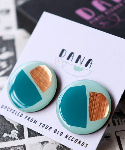 50% off large upcycled vinyl record studs in warm copper and lush greeny teal