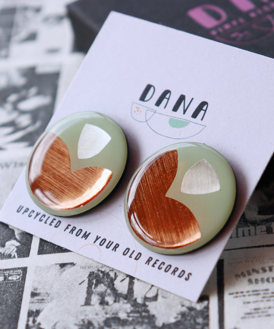 50% off large upcycled vinyl record studs in silver, copper and minty green