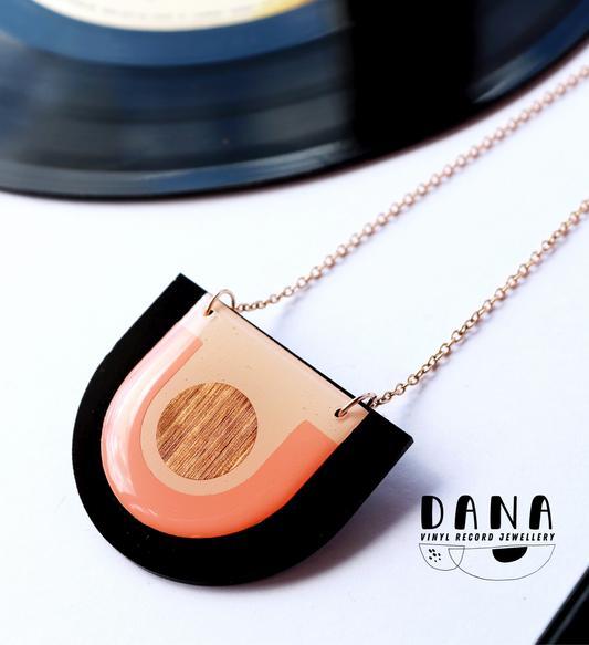 40% off / ARCH vinyl record necklace in warm pink, copper and black