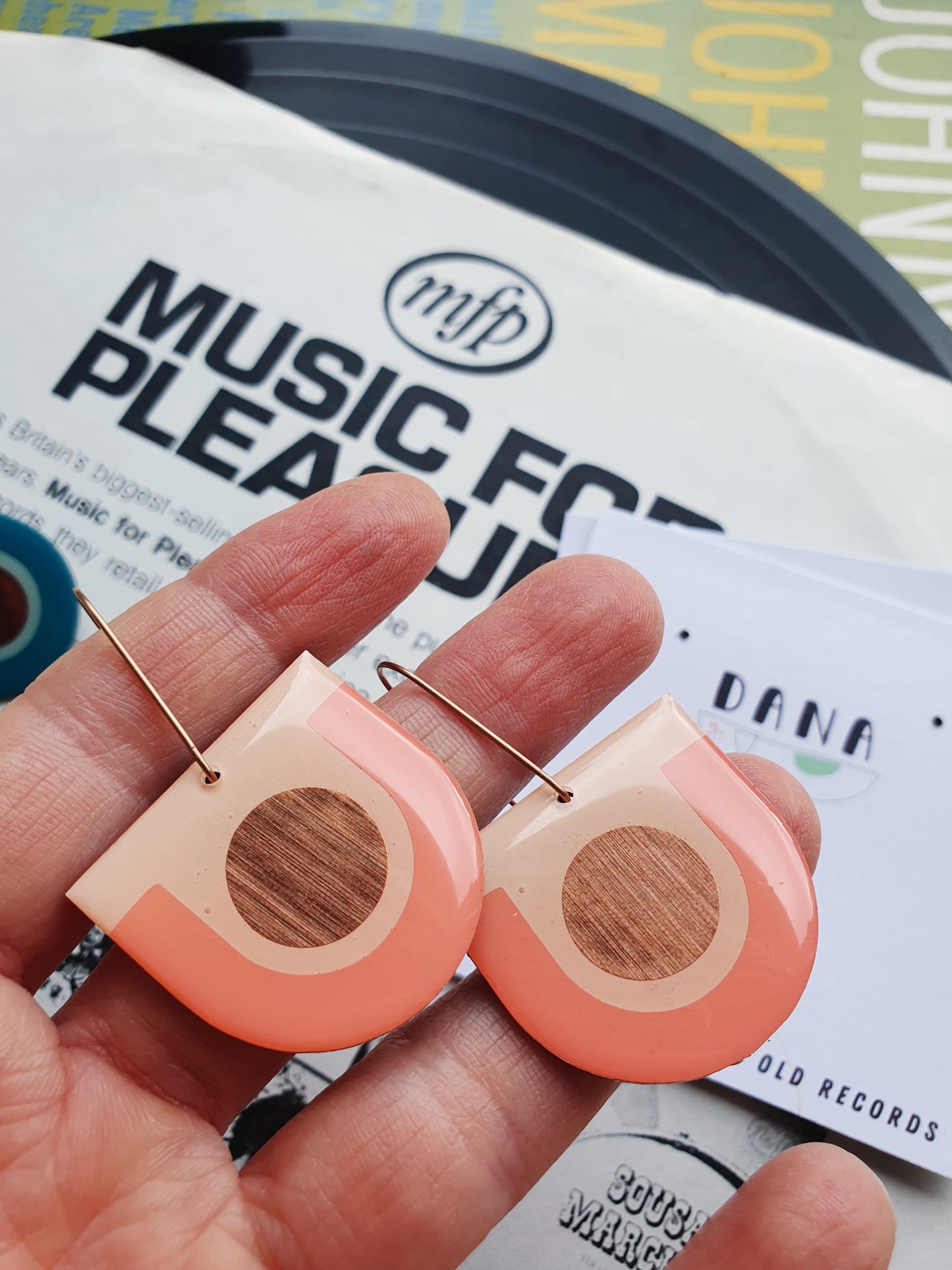 LAST CHANCE 50% off/ Arches in salmon pink with a pop of copper / recycled vinyl earrings