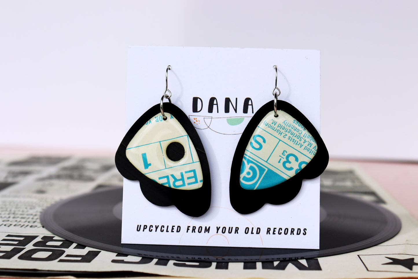 20% OFF Fab upcycled vinyl record earrings in white black and blue / unique Irish design