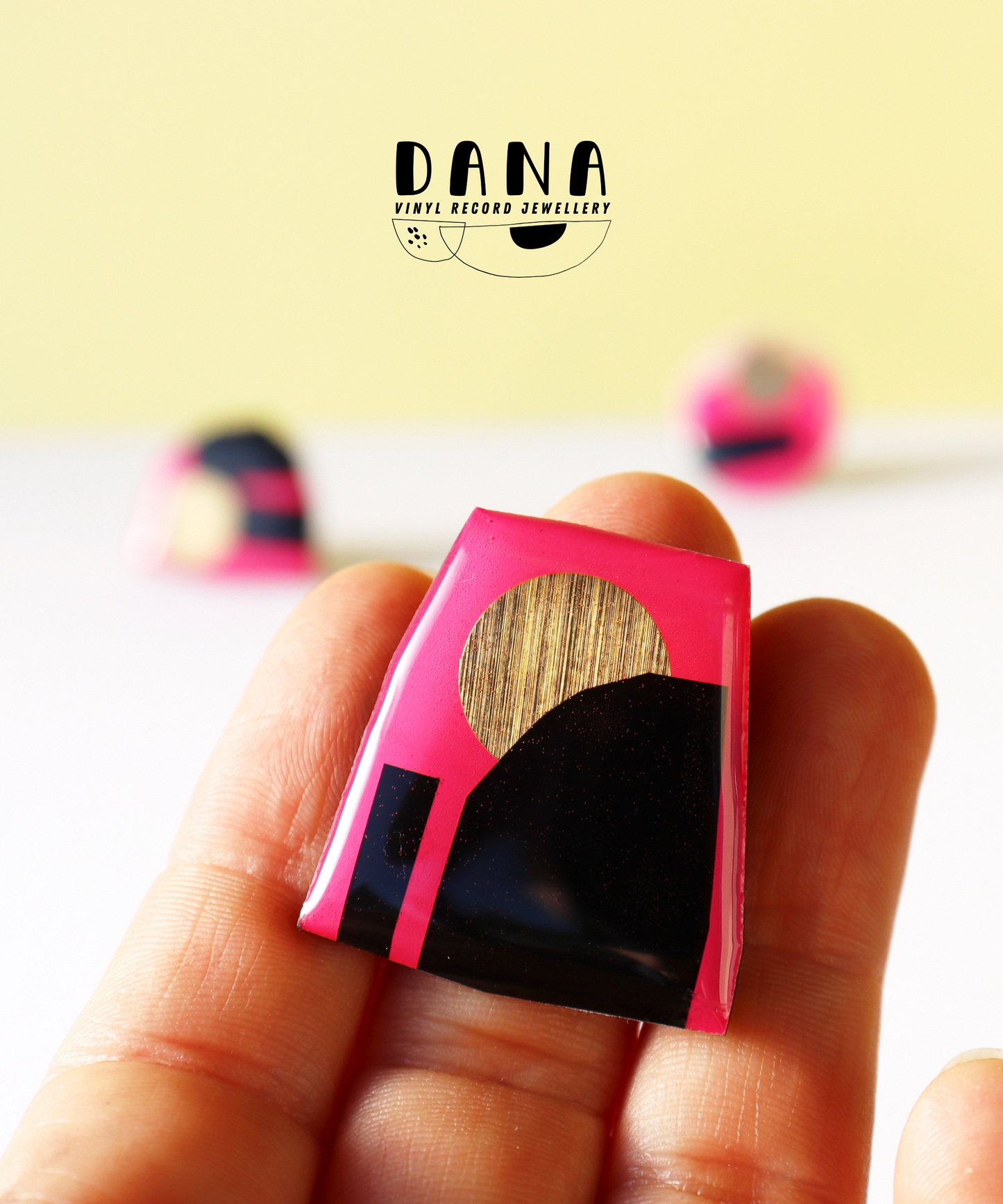 OOAK Pink black and gold abstract recycled vinyl record ring by DANA Jewellery