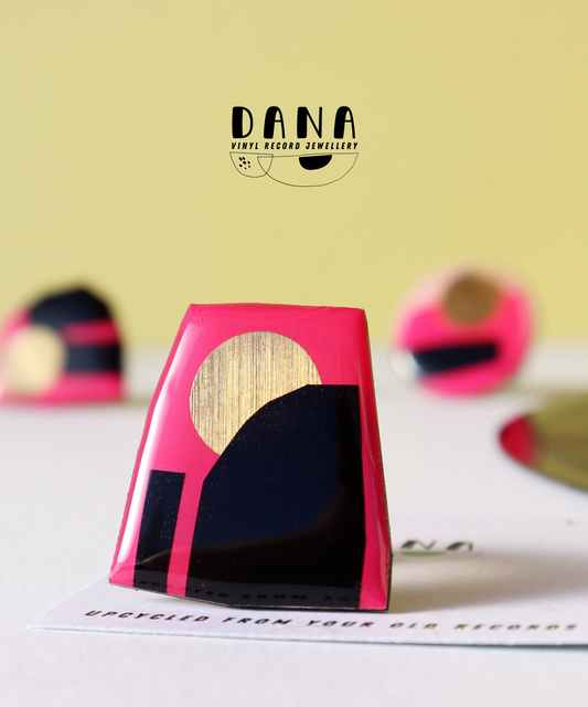 OOAK Pink black and gold abstract recycled vinyl record ring by DANA Jewellery