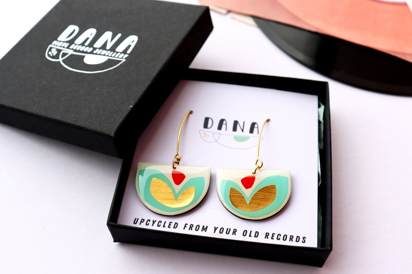 FLOR earrings in turquoise & gold with a pop of red / upcycled from your old records