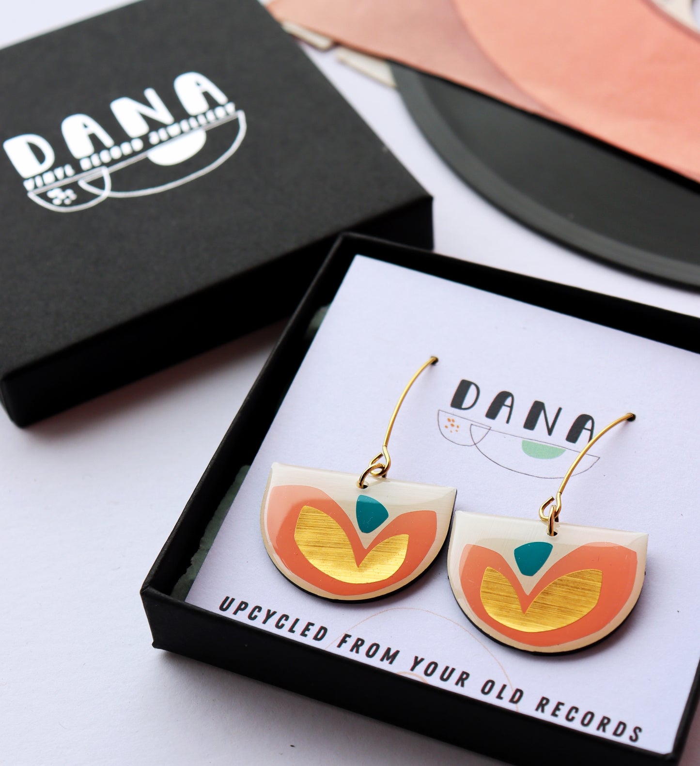 FLOR earrings in warm pink & gold with a pop of teal / upcycled from your old records