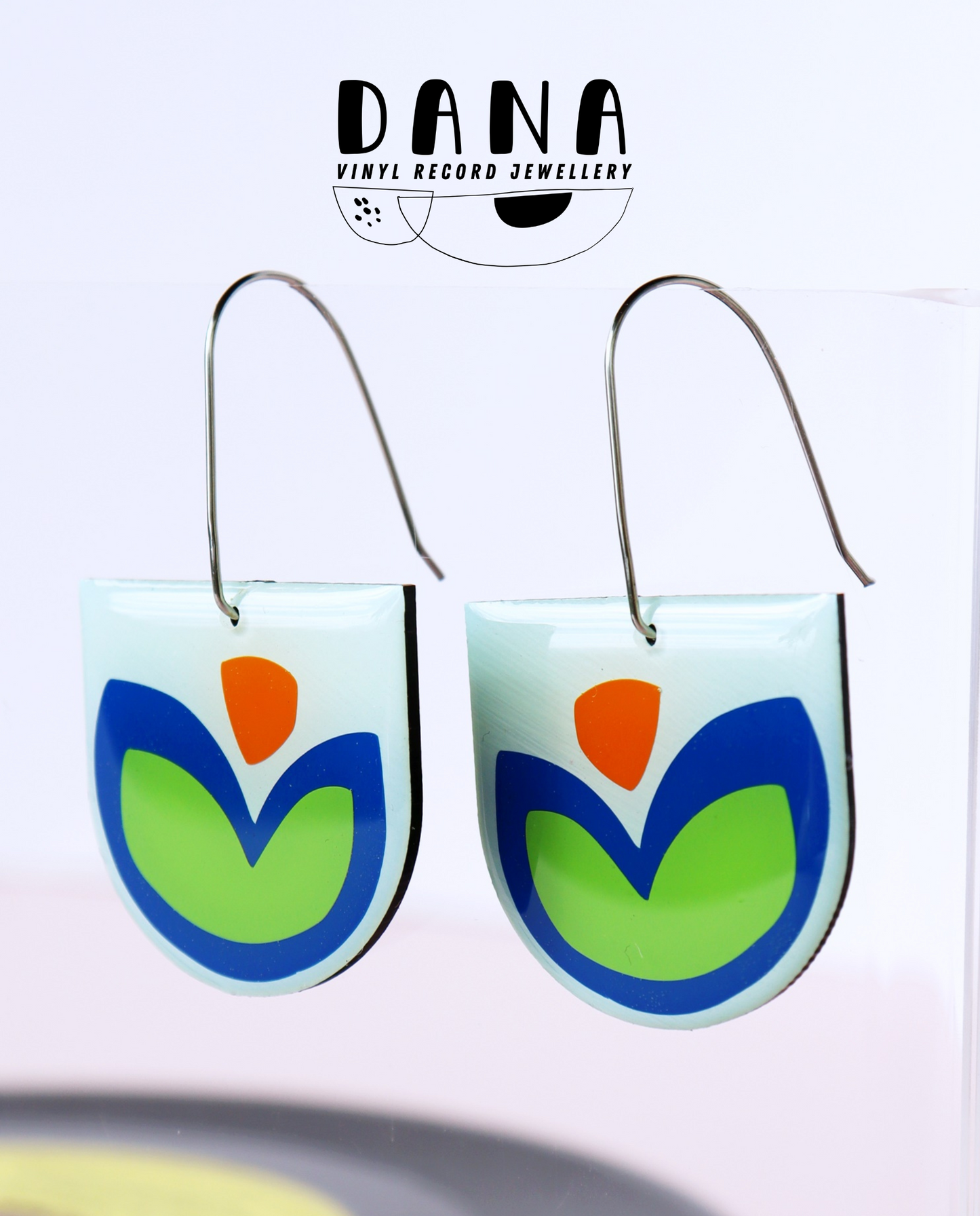 FLOR in blue, vibrant green and orange / upcycled vinyl record earrings