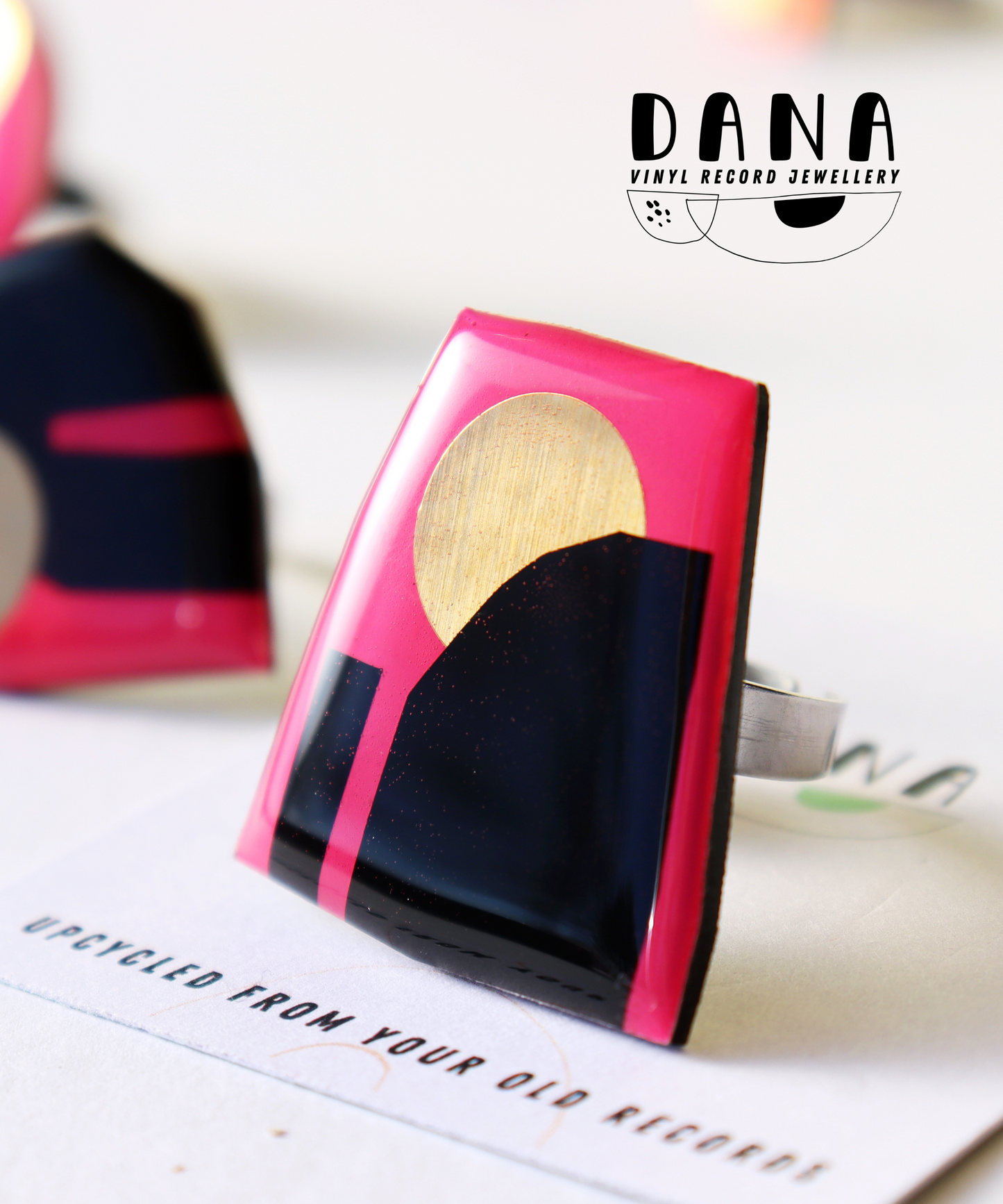 OOAK Pink black and gold abstract recycled vinyl record ring by DANA Jewellery