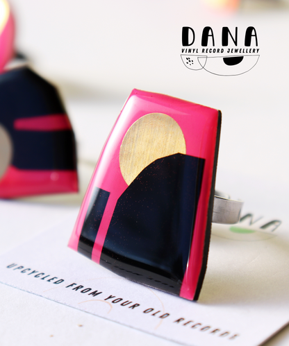 OOAK Pink black and gold abstract recycled vinyl record ring by DANA Jewellery