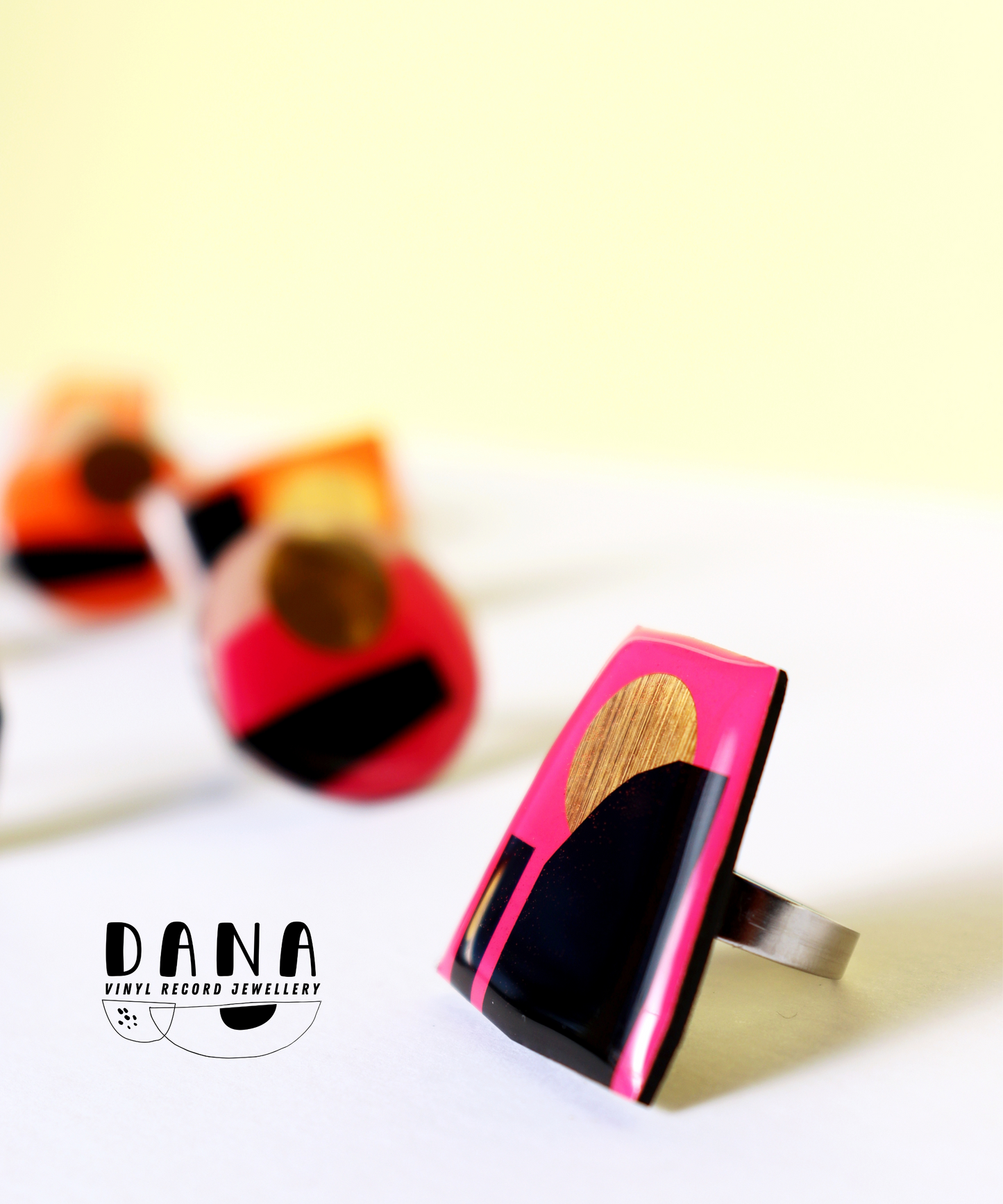 OOAK Pink black and gold abstract recycled vinyl record ring by DANA Jewellery